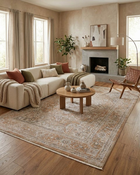 Modernes Wohnzimmer mit großem Orientteppich in Erdtönen, hellem Sofa, rundem Holztisch und Kamin auf Parkettboden.