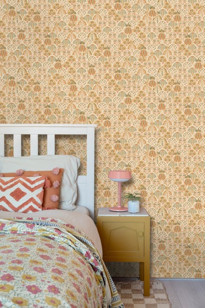 ESTAhome Tapete Blumenmuster im Jugendstil Orange und Ockergelb - 50 x 900 cm - 131509