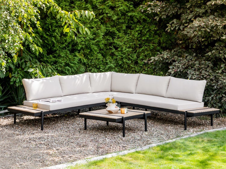 Garten Ecksofa mit Tisch 5-Sitzer BELLARIVA Eukalyptusholz Cremeweiß
