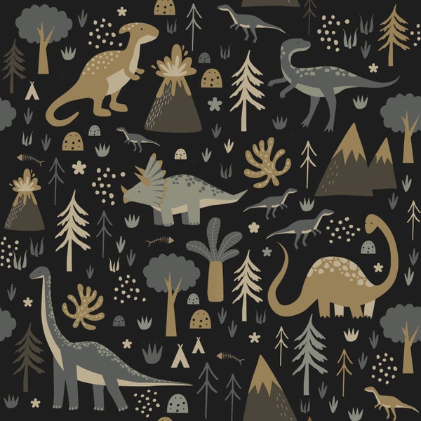 ESTAhome Tapete Dinosaurier Graublau, Braun und Schwarz - 50 x 900 cm - 139803