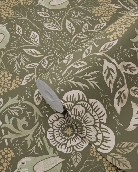 ESTAhome Tapete Blumen und Vögel Dunkelgrün - 53 cm x 10.05 m - 139831
