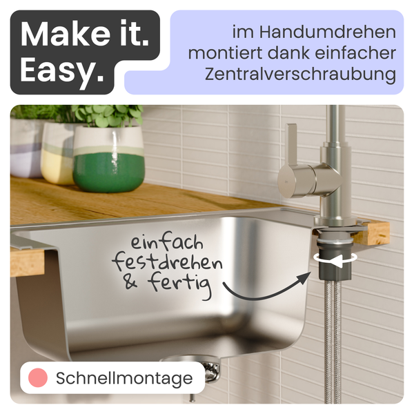 Küchenarmatur mit Schnellmontagesystem zur einfachen Befestigung unter der Spüle durch eine Zentralverschraubung.