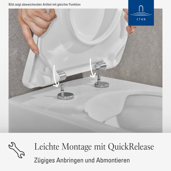 Villeroy und Boch Logo und Montage eines WC Sitzes mit Schnellverschluss auf eine Toilettenschüssel
