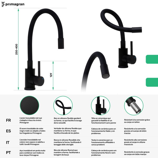 Abbildung einer schwarzen Küchenarmatur mit flexibler Silikondüse und Maßangaben