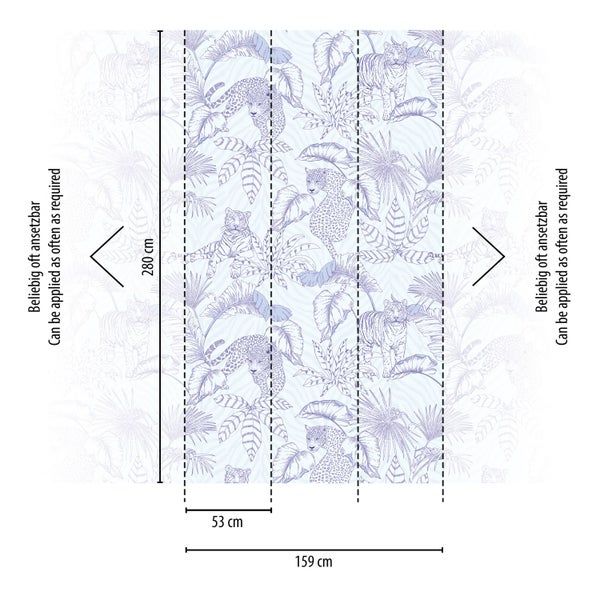 Grafik einer Tapete mit Dschungelmotiven, die Tiger und Leoparden zeigt, inklusive Maßangaben