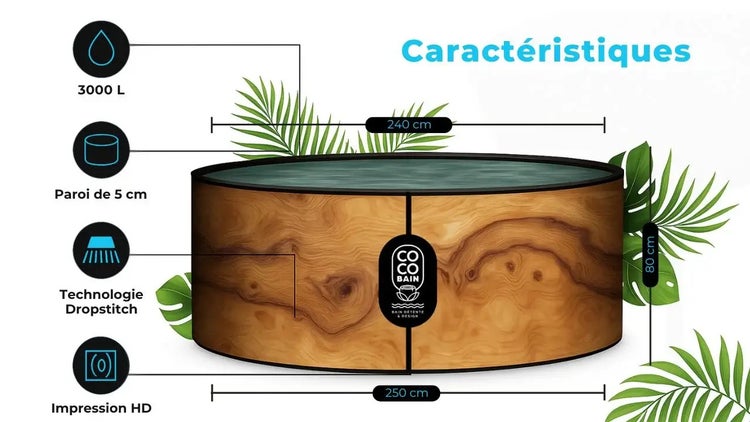 Coco Bain Whirlpool in Holzoptik, 3000 Liter, 250 Zentimeter Durchmesser, 80 Zentimeter Höhe, 5 Zentimeter Wandstärke und Dropstitch-Technologie.