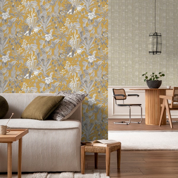 Sanders und Sanders Tapete tropische Blätter und Blüten Ockergelb und Grau - 53 cm x 10 m - 640242