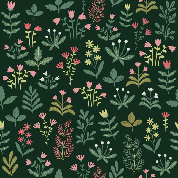 ESTAhome Tapete Feldblumen Dunkelgrün und Rosa - 50 x 900 cm - 131099