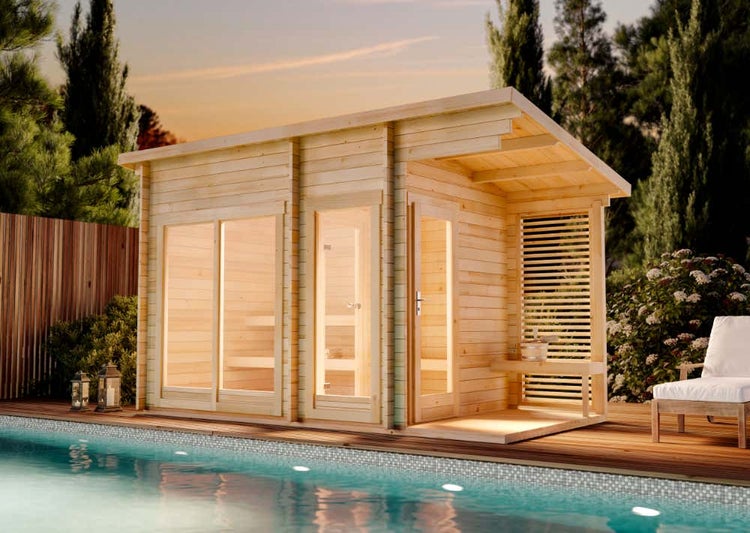 FinnTherm Saunahaus Lizzy M Gartensauna 2 Sitzbänke aus Holz, Sauna mit 40 mm Wandstärke, Außensauna mit Montagematerial, Naturbelassen 4,3x2,3m