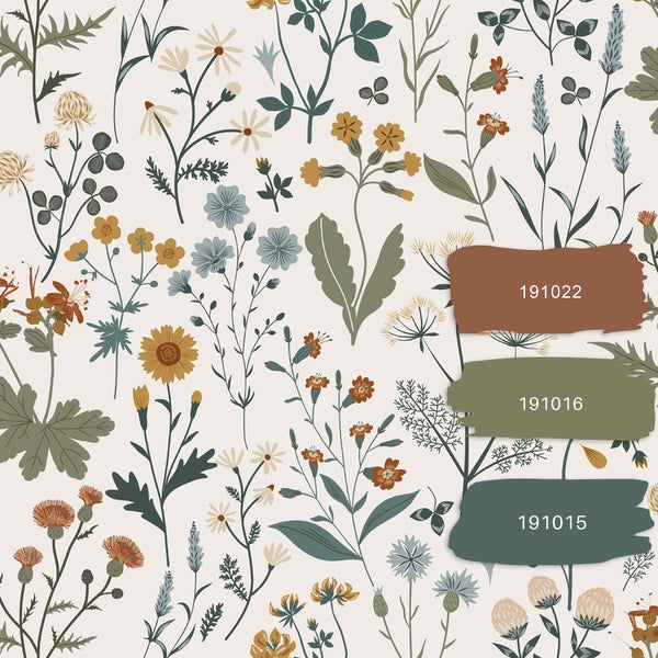 ESTAhome Tapete Feldblumen Ockergelb, Graugrün und Vintage Blau - 53 cm x 10.05 m - 139391