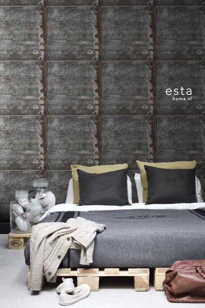 ESTAhome Tapete Metallplatten Schwarz und Rostbraun - 53 cm x 10.05 m - 138222