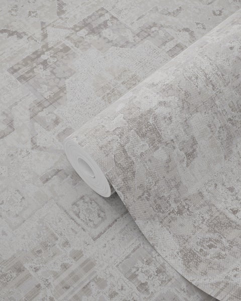 ESTAhome Tapete orientalisches Kelim-Patchwork Hellgrau - 53 cm x 10.05 m - 148654
