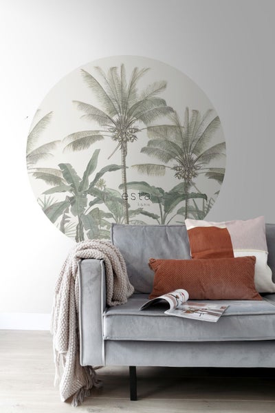 ESTAhome selbstklebende runde Tapete Palmen Hellbeige und Graugrün - Ø 140 cm - 159007