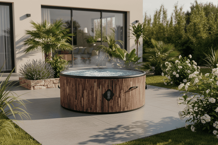 Runder Whirlpool in Holzoptik mit dampfendem Wasser auf einer modernen Terrasse, umgeben von Palmen und weiß blühenden Pflanzen, COCOSPA Logo.