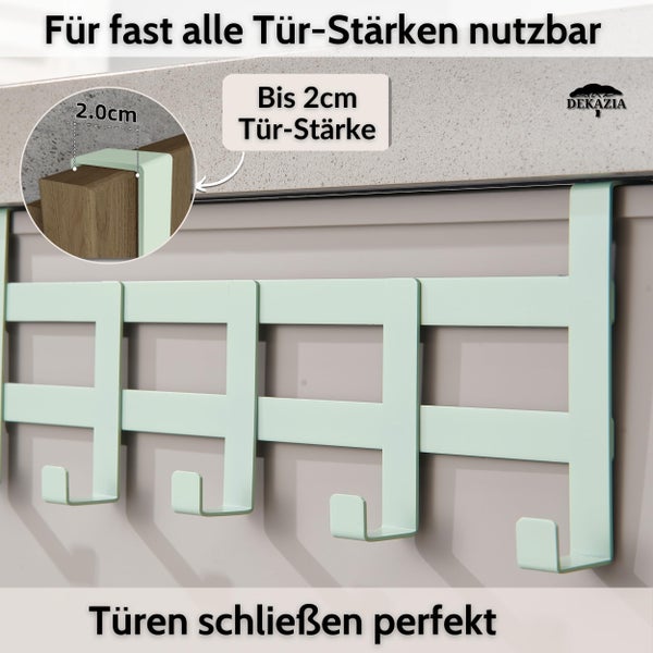 Dekazia Logo. Türhakenleiste mit 4 Haken, geeignet für Türstärken bis zu 2 Zentimeter. Türen schließen einwandfrei.