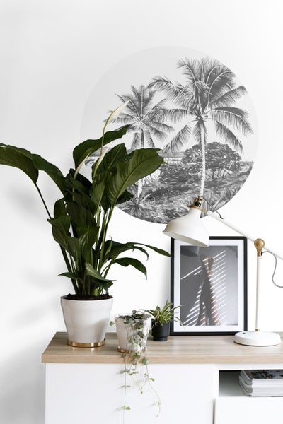 Dekoratives Zimmer mit Zimmerpflanzen, Lampe und Wandbild mit Palmenmotiv