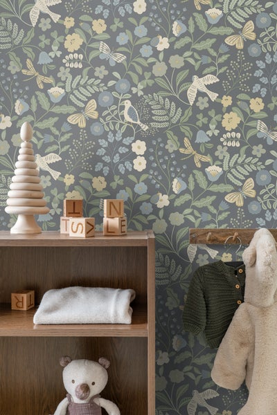 ESTAhome Tapete Blumen und Vögel Blau und Grün - 50 x 900 cm - 131464