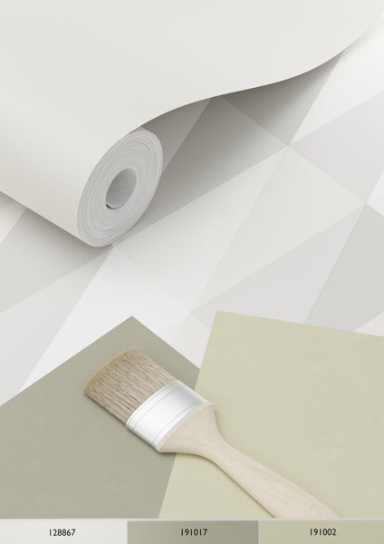 Tapetenrolle mit geometrischem Muster, Farbmuster und Pinsel