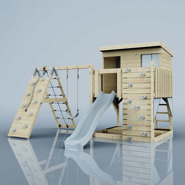 Spielturm aus Holz mit Rutsche, Spielhaus, Kletterleiter und integriertem Sandkasten für den Garten.