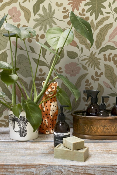 ESTAhome Tapete Blätter und Blumen Olivgrün, Terrakotta und Rosa - 50 x 900 cm - 131052