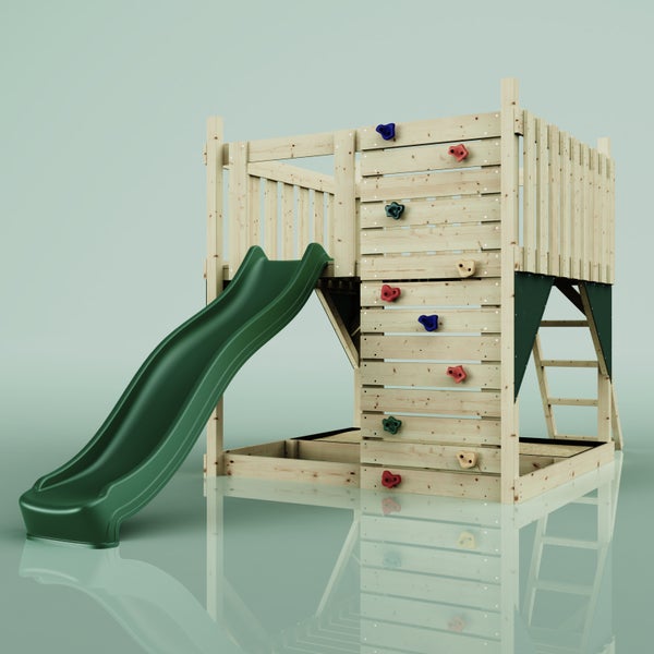 Spielturm aus Holz mit Rutsche, Kletterwand und Sandkasten
