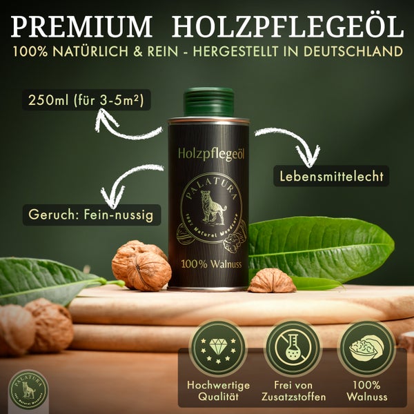 Holzpflegeöl in Dose mit Walnüssen und Blättern