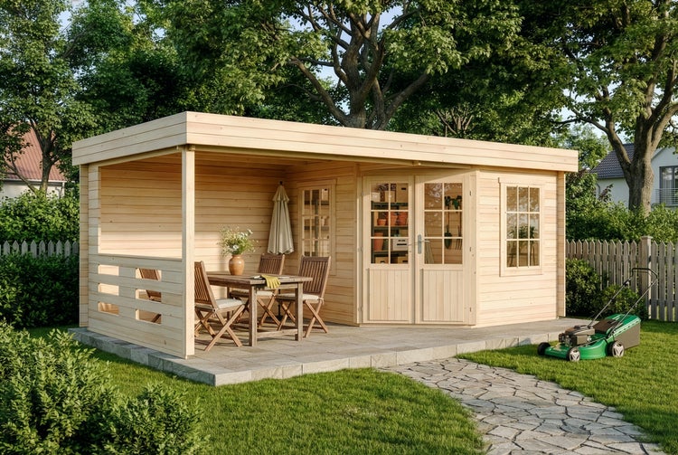 Modernes Gartenhaus aus hellem Holz mit Flachdach, integrierter Terrasse, Sitzgruppe und Doppeltür in einem hellen Garten.