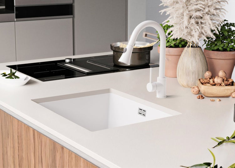 Küchenspüle mit Armatur auf einer Arbeitsplatte, zusammen mit einem Kochfeld und dekorativen Elementen