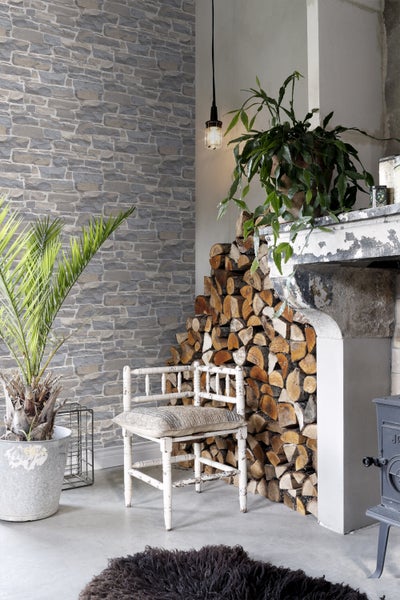 Dekoratives Wohnzimmer mit Kamin, Holzstapel, Zimmerpflanzen und gemusterter Tapete