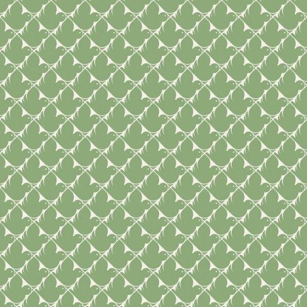 Schlafzimmer mit gemusterter Tapete, Bett und Tür