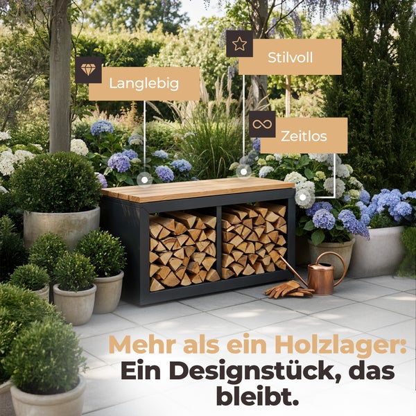 Holzlager mit Sitzgelegenheit und Holz im Garten