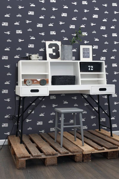 ESTAhome Tapete Autos, Löschfahrzeuge, Hubschrauber und Kräne Dunkelblau - 53 cm x 10.05 m - 138916