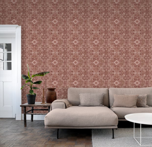 ESTAhome Tapete orientalisches Kelim-Patchwork dunkel Terrakotta-Rosa - 50 x 900 cm - 131364
