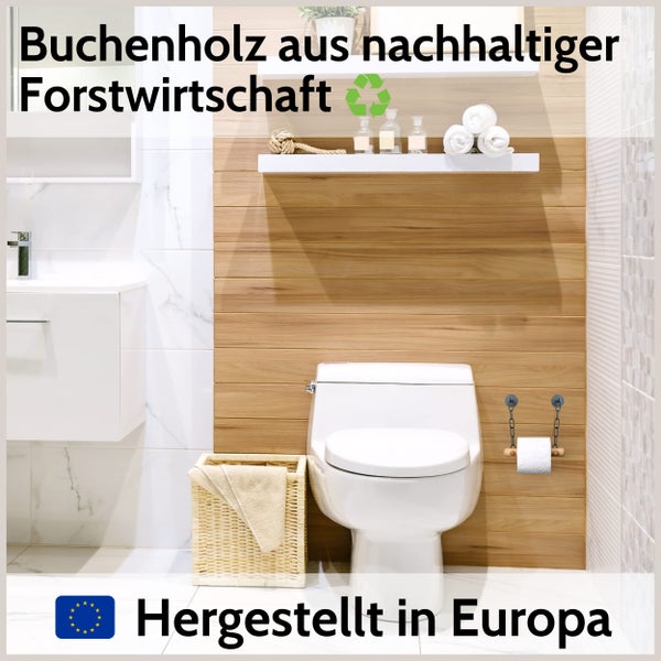 Badezimmer mit Wandverkleidung aus Buchenholz, Symbol für nachhaltige Forstwirtschaft und Hergestellt in Europa.