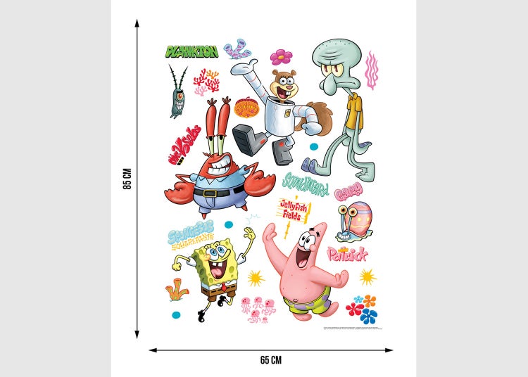 Wandtattoo Set mit SpongeBob SquarePants Charakteren, 85 mal 65 Zentimeter.