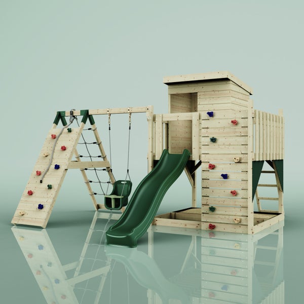 Spielturm aus Holz mit Rutsche, Babyschaukel und zwei Kletterwänden. Inklusive Spielhaus und Kletterseil.