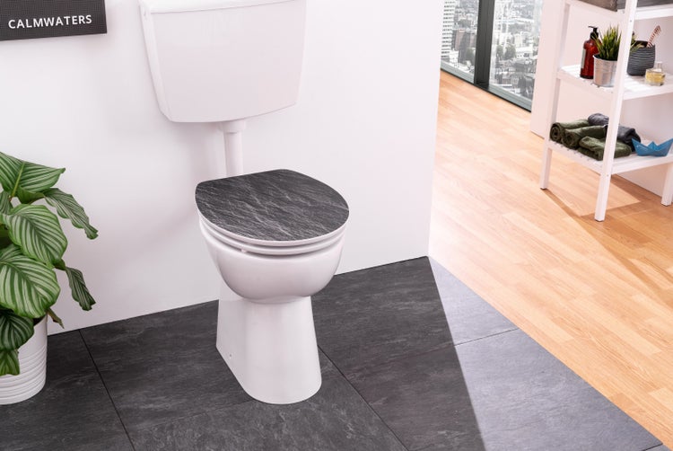 Calmwaters® WC Sitz mit Absenkautomatik, Stein-Motiv Splinter Stone, Holzkern Toilettendeckel, Fast-Fix, Metallscharnier, universale O-Form, ovaler Klodeckel, Toilettensitz Stein, Anthrazit, 26LP5013