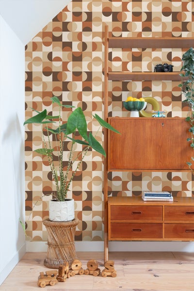 ESTAhome Tapete Kreise im Bauhaus-Stil Beige und Dunkelbraun - 50 x 900 cm - 130938