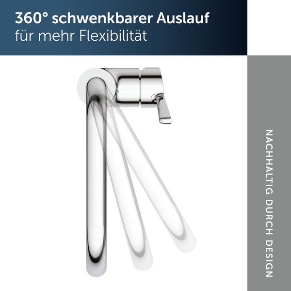 Eine dreihundertsechzig Grad schwenkbare Küchenarmatur mit Hebel und Auslauf.