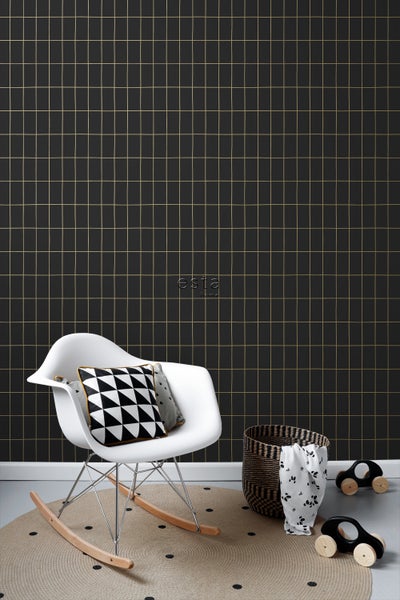 ESTAhome Tapete kleine Fliesen Schwarz und Gold - 53 cm x 10.05 m - 139132