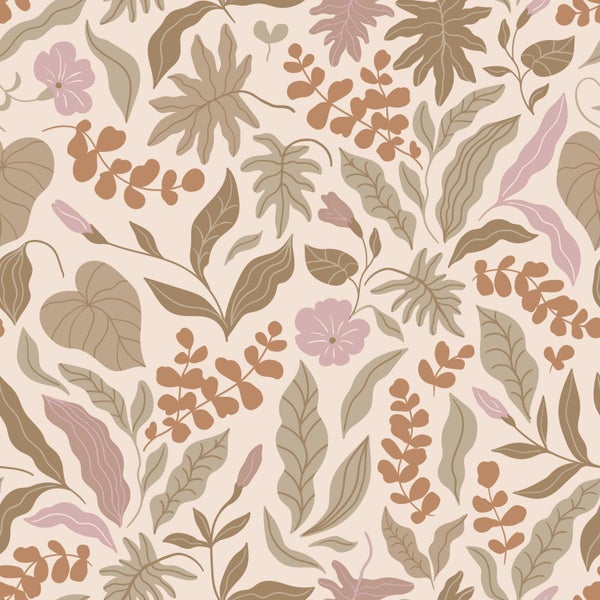 ESTAhome Tapete Blätter und Blumen Beige, Terrakotta und Lila - 50 x 900 cm - 131051