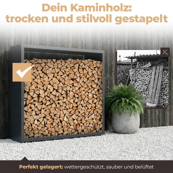 Modernes Kaminholzregal aus Metall im Außenbereich, trocken und ordentlich mit Brennholz befüllt, wettergeschützt auf Kies vor einer Holzwand.