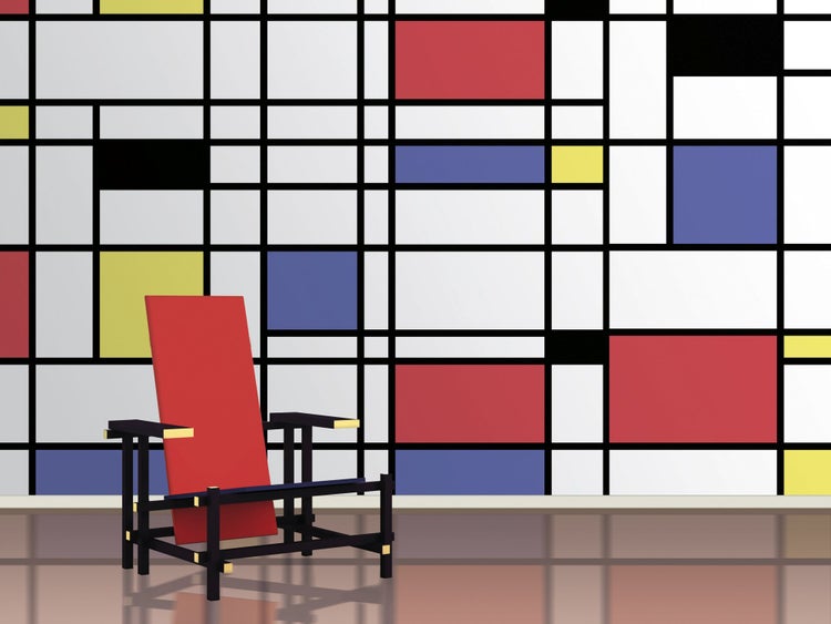 Szene mit Stuhl und Wand im Stil von Mondrian
