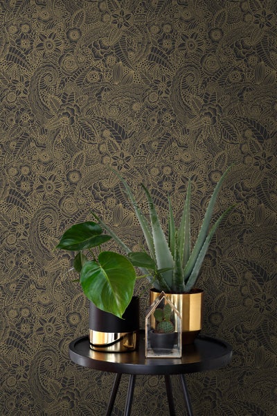ESTAhome Tapete Blumenzeichnungen Schwarz und Gold - 0.53 x 10.05 m - 139563