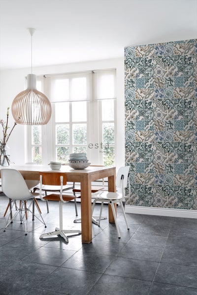 ESTAhome Tapete Fliesenmuster Blau und Beige - 50 x 900 cm - 139290