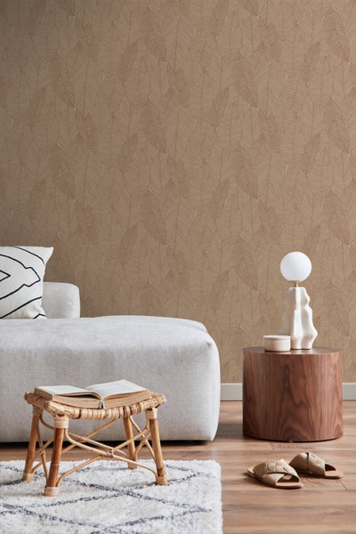 ESTAhome Tapete gezeichnete Blätter Terrakottarosa - 53 cm x 10.05 m - 139353