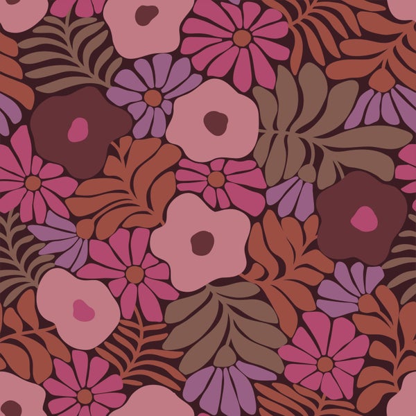 ESTAhome Tapete Blumen im Matisse-Stil Rosa, Lila und Terrakotta - 50 x 900 cm - 131136