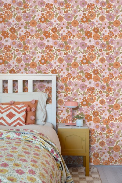 ESTAhome Tapete Retro Blumen Lila und Orange - 53 cm x 10.05 m - 130961