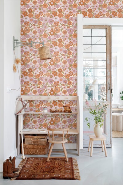 ESTAhome Tapete Retro Blumen Lila und Orange - 53 cm x 10.05 m - 130961