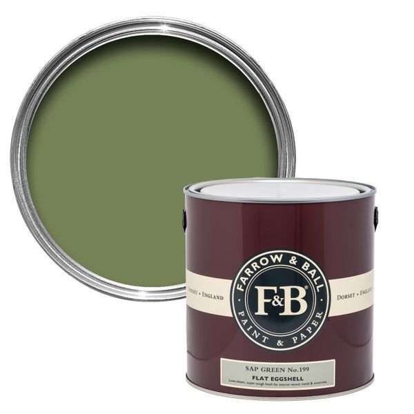 Farbeimer mit Farrow and Ball Farbe Sap Green No. 199 Flat Eggshell